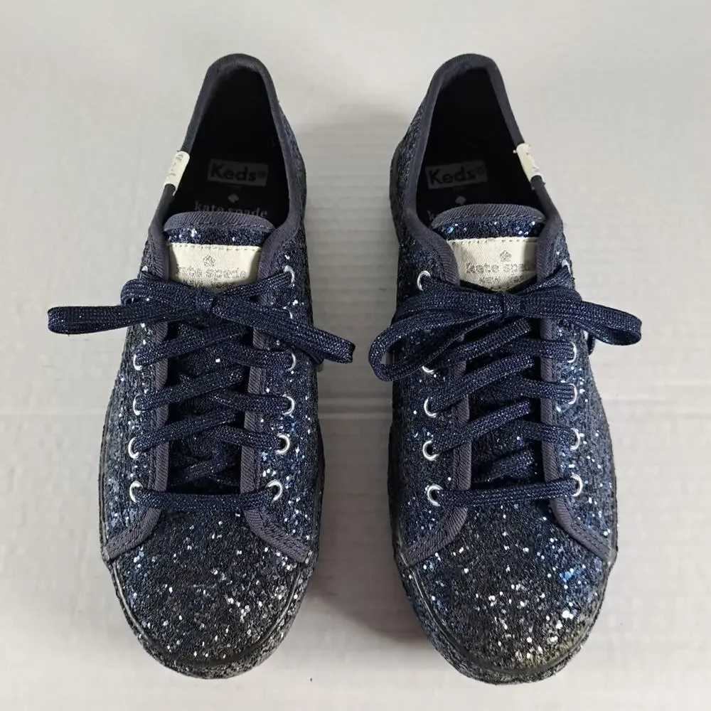Kate Spade x Keds Kickstart Glitter Sneakers Shoes Dark Blue Lace Up Womens 6